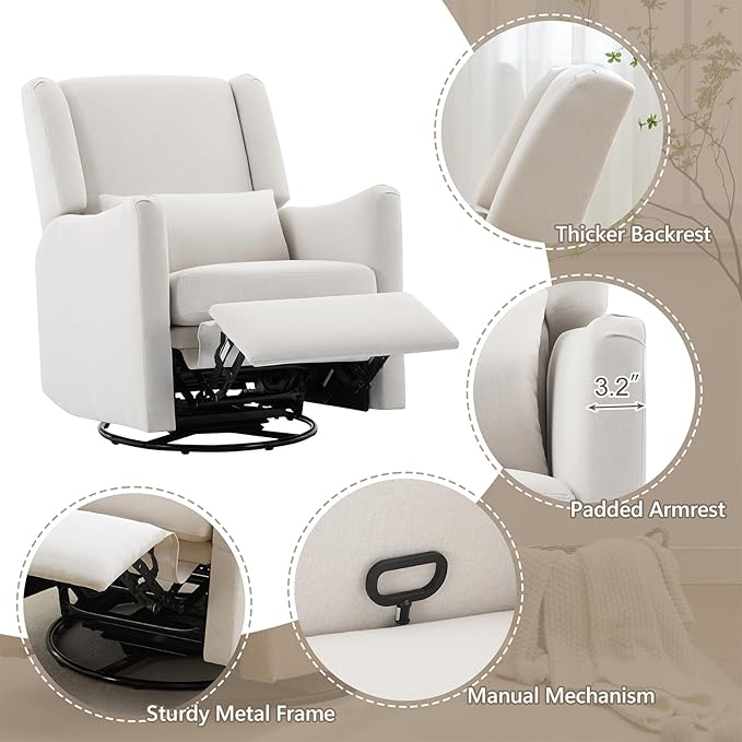 Lazy Boy Glider Recliner Nursery Chair with Wingback Swivel Rocking Recliner for Small Spaces Thick Cushion Linen (Beige)