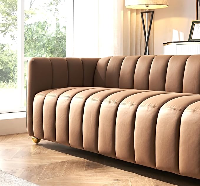 Direct Glam Fabric Upholstered Solid Wood Frame 82.7 Art Deco Sofa for Living Room Office Sophisticated 3 Seater Couch Brown