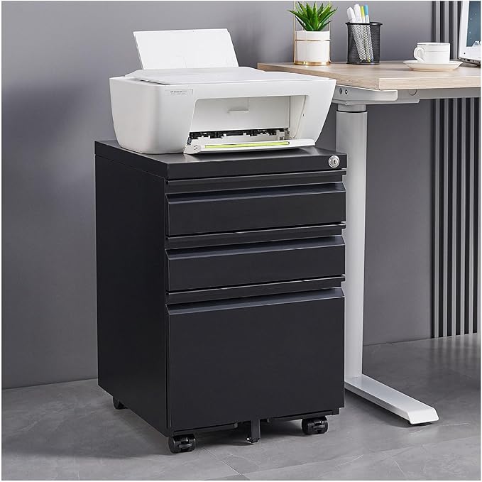 Mobile Filing Cabinet 3 Drawer Black Metal File Cabinet with Lock