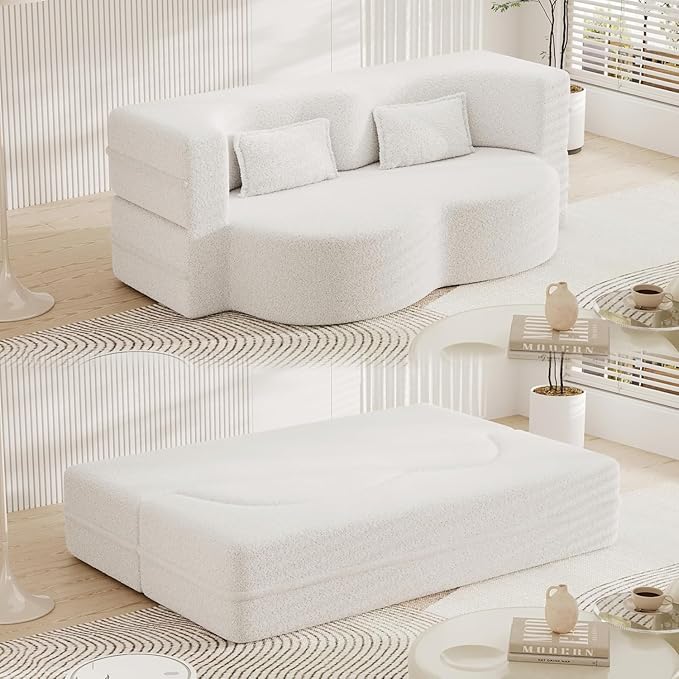 Modern Floor Sofa 78 Convertible Folding Sofa Bed with 2 Pillow Teddy Fabric Foam-Filled Mattress Sleeper for Living Room Guest Bed Playroom No Assembly Required Beige