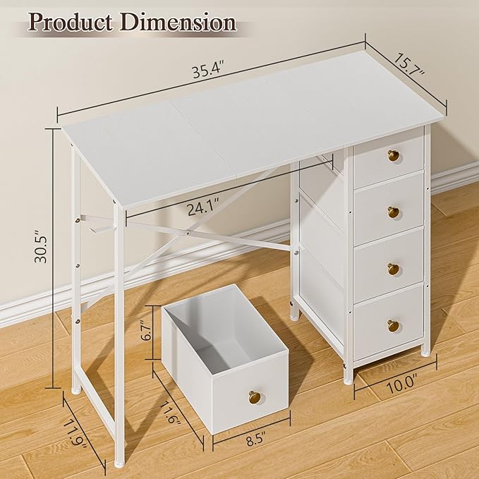 Small White Desk with Drawers for Bedroom 35.4 Inch Kids Girls Teens Student Writing Desk with Storage Reversible Study Table White Computer Desk for Home Office Makeup Vanity Desk for Small Space