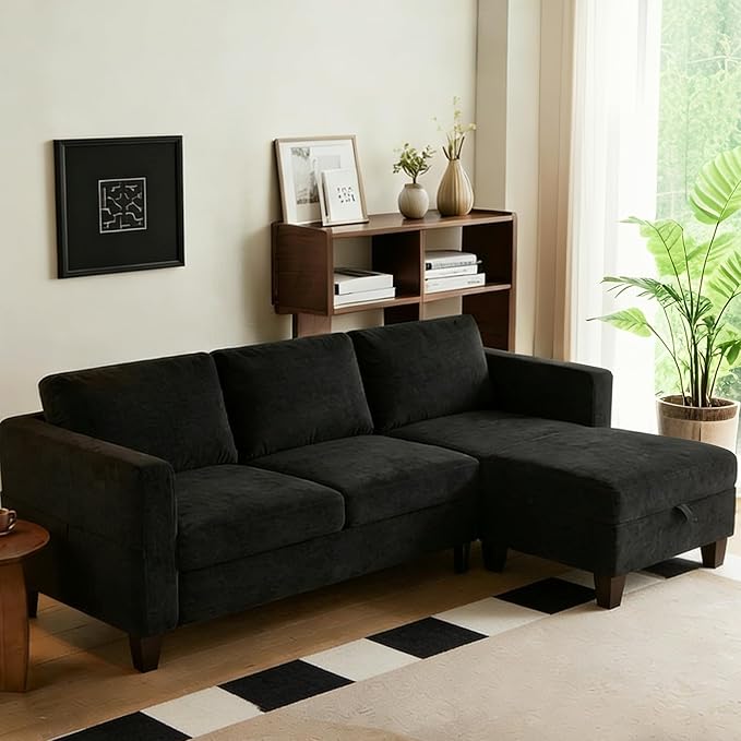 Velvet Small Sectional Couch L Shaped Sectional Black Couch in a Box Small Couches with Ottoman 3 Seater Sofa for Living Room Apartment Dorm Office