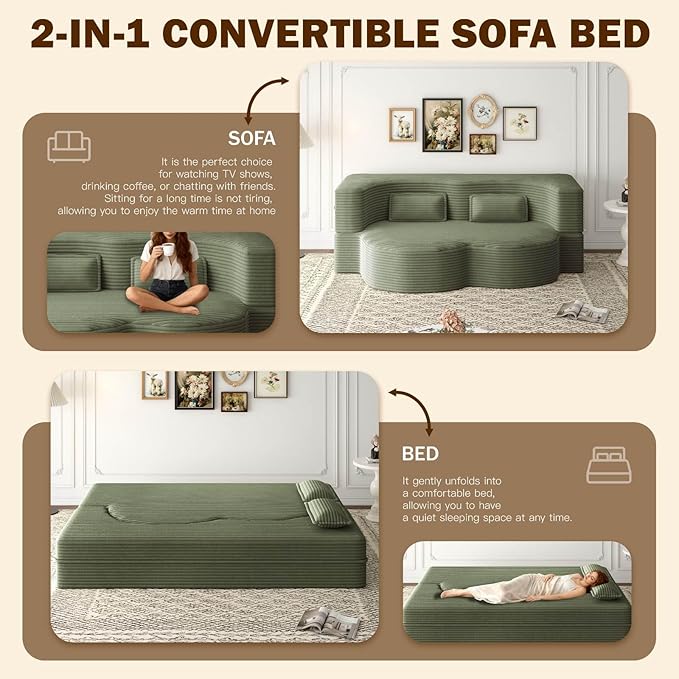 Modern 2-in-1 Convertible Sofa Bed 78 Full Size Corduroy Floor Sofa with 2 Pillows Folding Mattress Sleeper for Living Room &amp Guest Room No Assembly Required