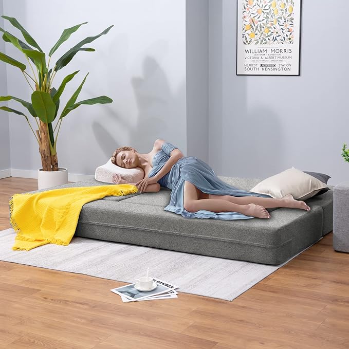 PUREMIND Velvet Folding Sofa Bed Upholstered Floor Sofa Bed with 3 Ottomans Fold Out Couch Bed with High-Density Foam Convertible 2-in-1 Foldable Sleeper Sofa for Guest Bedroom Living Room
