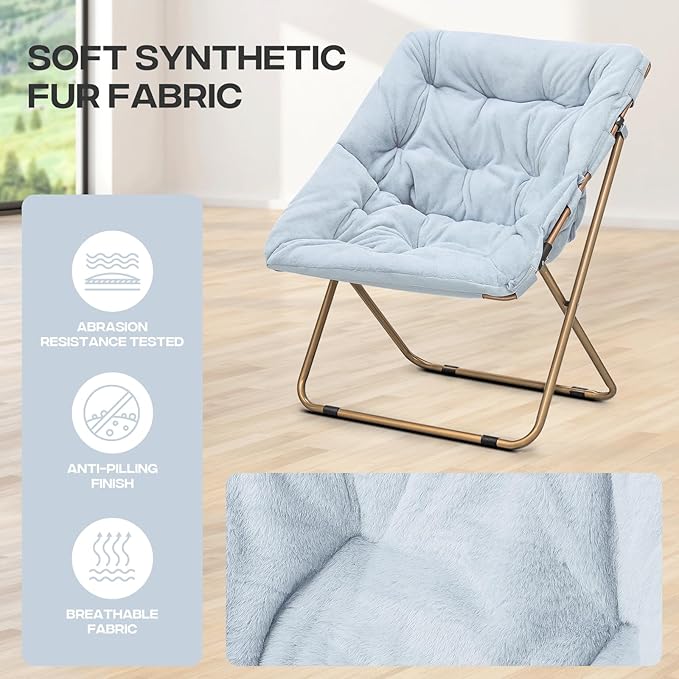 Cozy Saucer Chair Living Room Chair Faux Fur Soft Thick Padded Folding Chair Comfortable Square Moon Chair for Living Room Bedroom Reading Nook Modern Style 2 Pack Light Blue