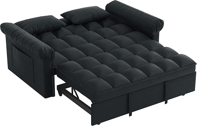 Modern Loveseat Sleeper Sofa with Pull-Out Bed &amp Adjustable Backrest Convertible Sofa Bed with Strong Wood Frame for Small Space Living Room Guest Room Easy Assembly (Black85)