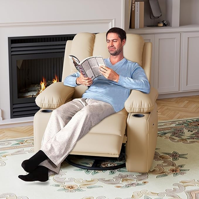 Garvee 27 Power Recliner Chair for Adults with Massage and Heat 360° Swivel Oversized Leather Recliner Chair Large Seat Width with USB Ports &amp Side Pockets for Living Room Bedroom Relaxation Bei
