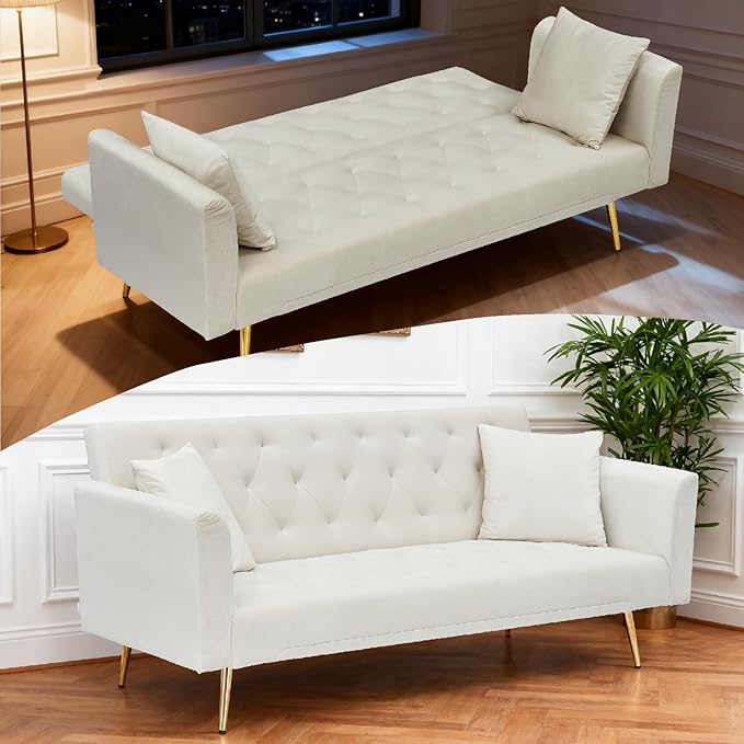 71 Velvet Futon Sofa Bed Convertible Sleeper Couch with 2 Pillows - Modern Loveseat Small Sofa 3-Angle Adjustable Backrest Golden Metal Legs for Living Room Bedroom Apartment Easy Assembly (Beige)
