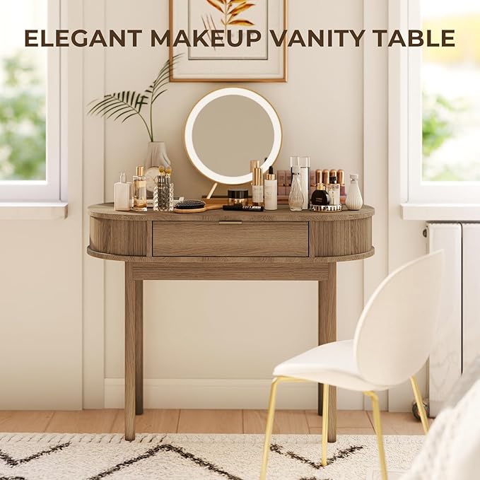 Writing Desk with Drawer 39 Small Computer Desk with Fluted Design Oval Wood Study Table for Small Space Modern Home Office Desk Makeup Vanity Table for Bedroom Brown