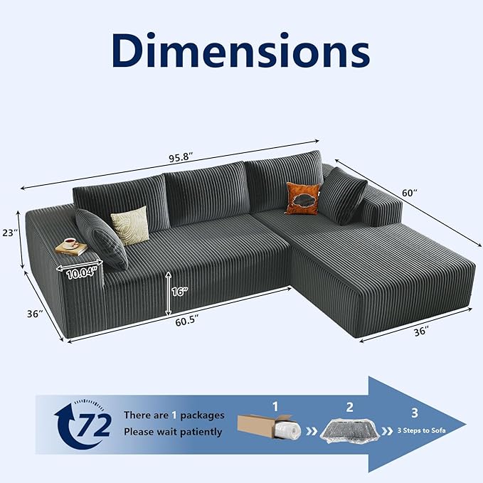 96 Modular Sectional Sofa Modern Corduroy Cloud Couch with Deep Seat Boneless Couch Upholstered 3-Seater L-Shaped Sofa for Living Room No Assembly Required (Dark Grey Right-Facing Chaise)
