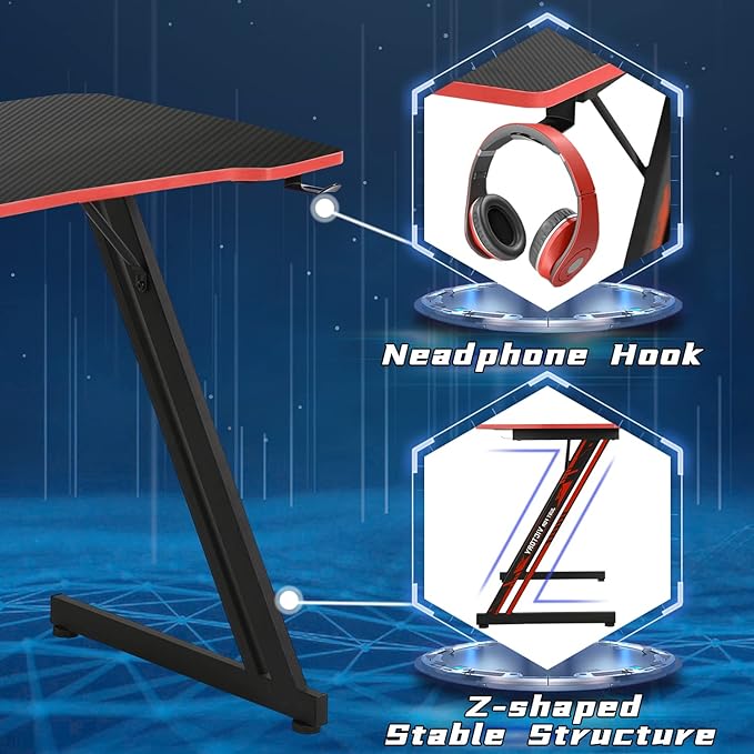 Dkelincs 35 inch Gaming Desk Z-Shaped Computer Desk PC Computer Table Home Office Desk Ergonomic Gamer Workstation with Headphone Hook Red