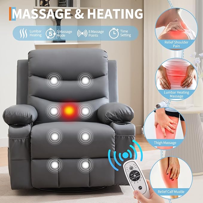 Recliner Chair Nursery Manual Rocking Recliner with 360 Swivel Cup Holder Massage and Heating Compact Single Sofa Chair for Adults Living Room Bedroom