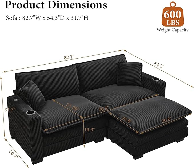 82.7 L Shaped Sectional Sofa with Cup Holders &amp USB Ports Modern Loveseat Cloud Couch with Ottoman for Living Room Apartment Small Spaces Black Corduroy