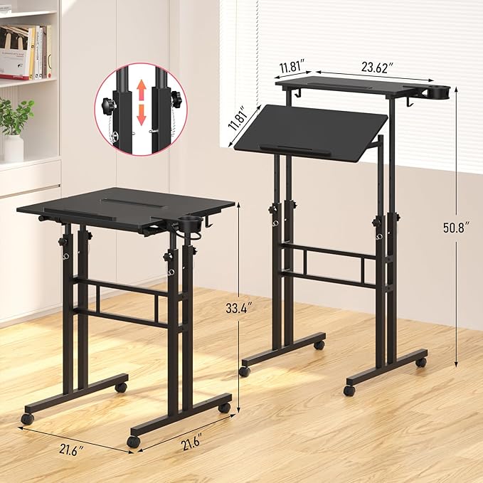 Small Standing Desk with Wheels Tall Mobile Stand Up Table Portable Standing Desk for Walking Pad Rolling Table Adjustable Height Rolling Computer Table for Tall Person