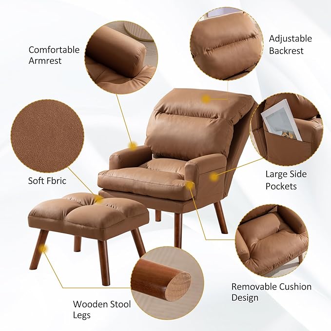 CANMOV Modern Accent Chair with Ottoman Soft Fabric Armchair with Adjustable Backrest and Side Pockets Comfy Lounge Chair for Living Room Bedroom Apartment Office Camel