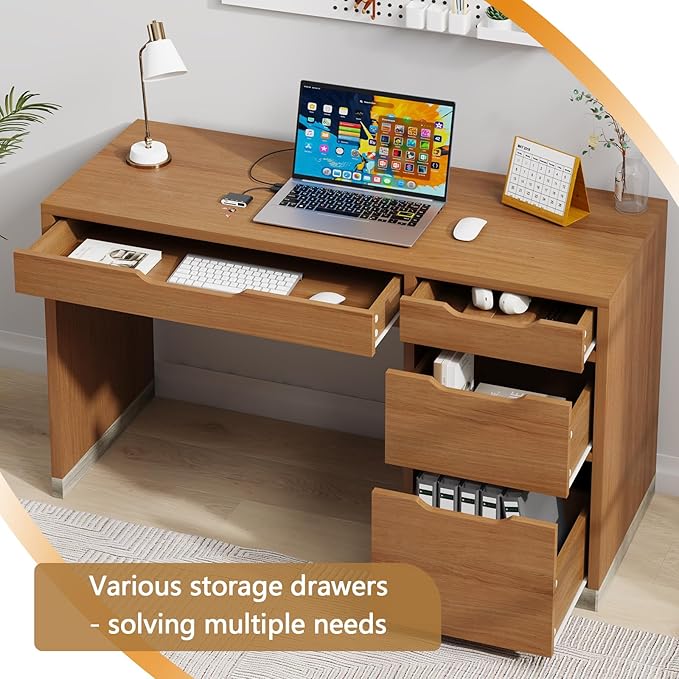 Small Desk with Drawers 52 Inch Computer Desk with Storage Home Office Desk with Filing Drawer for Bedroom Brown