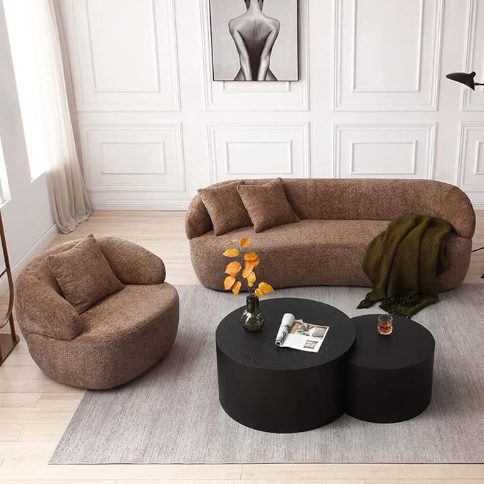 WILLIAMSPACE 86 Curved Sofa Modern Upholstered Boucle Curved Couch with Two Throw Pillows 3-Seat Sofa Couch for Living Room Apartment (Brown)