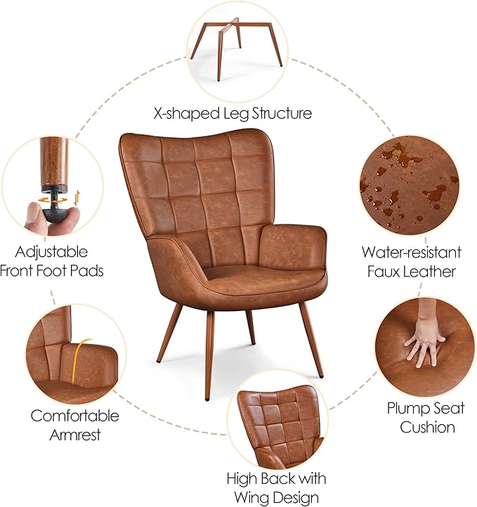 Yaheetech Accent Chairs Large PU Leather High-Back Chair w/Metal Legs Pottery Barn Style Living Room Chairs for Bedroom/Home Office Brown Set of 2