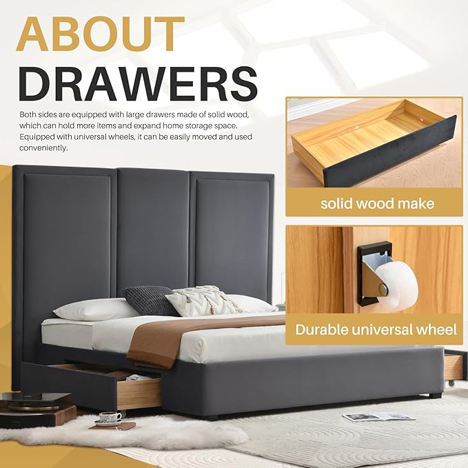YUHUASHI King Size Bed Frame with 64-inch High Headboard Simple and Airy Linen Upholstered Platform Bed with Storage Drawers Wood Slat No Noise (Grey King (U.S. Standard))