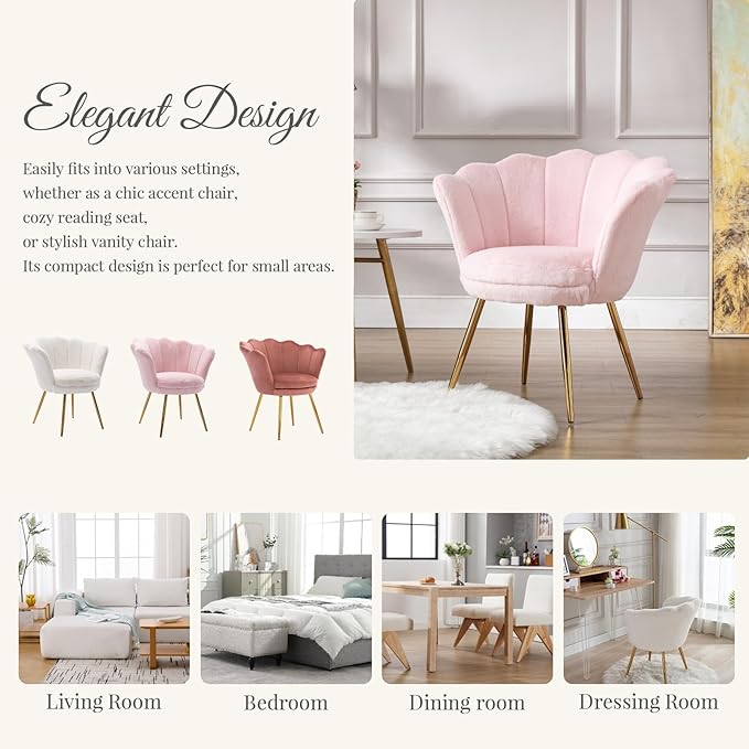 chairus Pink Makeup Vanity Chair with Back Modern Faux Fur Upholstered Small Accent Chair with Gold Metal Legs Cute Shell Shaped Vanity Stool Desk Chair for Living Room Bedroom Dressing Room