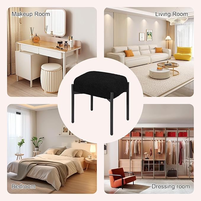 Vanity Stool Chair Faux Fur 16.3L x 12.8W x 17.3H Soft Ottoman Makeup Chair Bench Furry Padded Seat with 4 Metal Legs Footstool Multifunctional Chairs for Bedroom Living Room Black