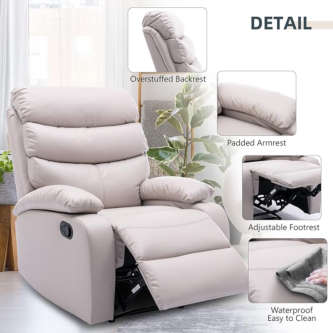 Manual Recliner Chairs for Adults Small Recliners for Small Spaces PU Leather Recliner Chair Single Sofa Living Room Chair for RV Beige