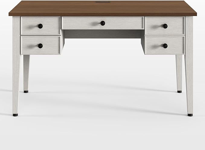 EUREKA ERGONOMIC Farmhouse Writing Desk 55 Executive Office Desk with 3 DrawersKeyboard TrayMid-Century Modern Computer Desk w Solid Wood LegsBirch FinishAntique White