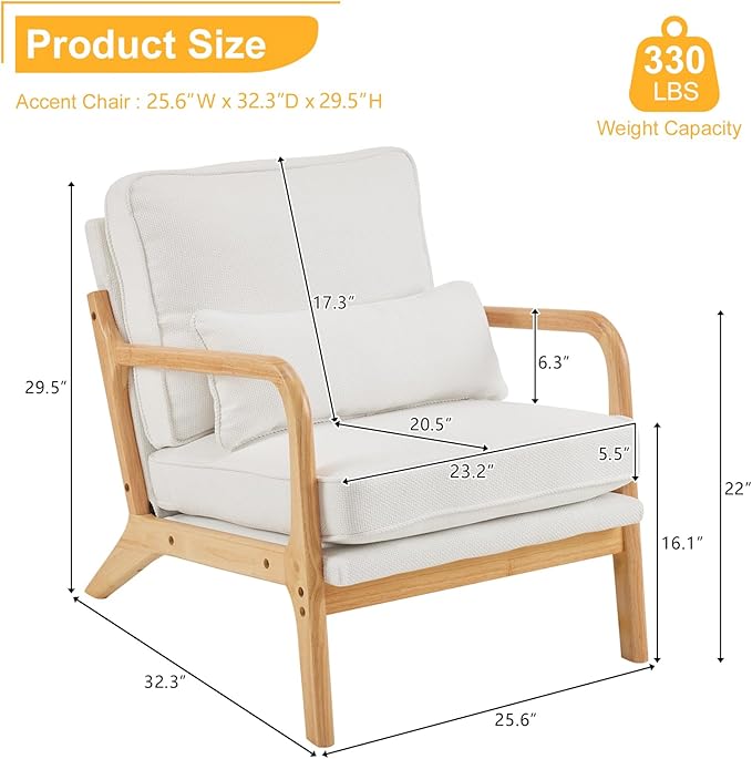 Karl home Accent Chair Mid-Century Modern Chair with Pillow Upholstered Lounge Arm Chair with Solid Wood Frame &amp Soft Cushion for Living Room Bedroom Balcony Linen White (Low Back)