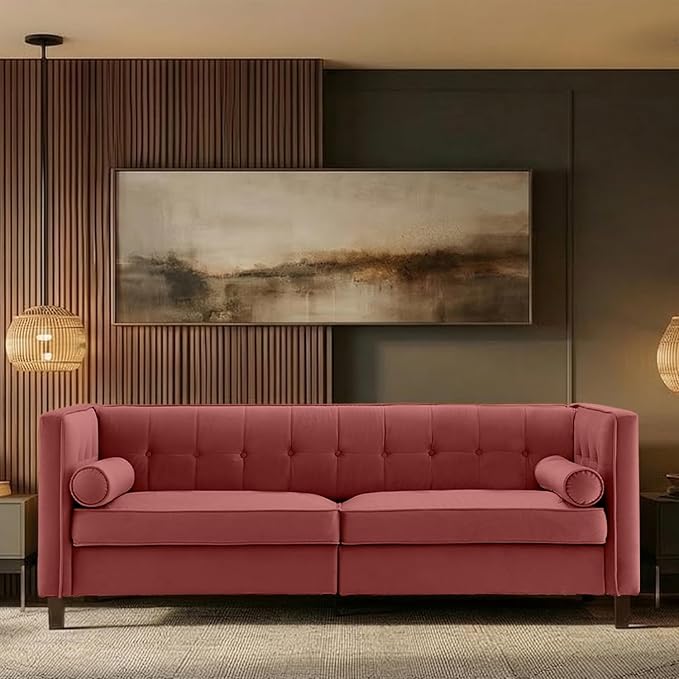 Dreamsir 78'' W Velvet Sofa Mid-Century Modern Love Seats Sofa Furniture with Bolster Pillows Button Tufted Couch for Living Room Pink