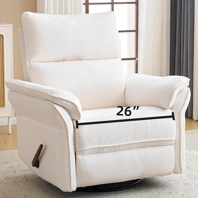 Oversized Recliner Chair 26 Extra Wide 360° Swivel Rocker Recliner with Adjustable Headrest Chenille Glider Rocking Nursery Chair with Overstuffed Armrest Lumbar Support White