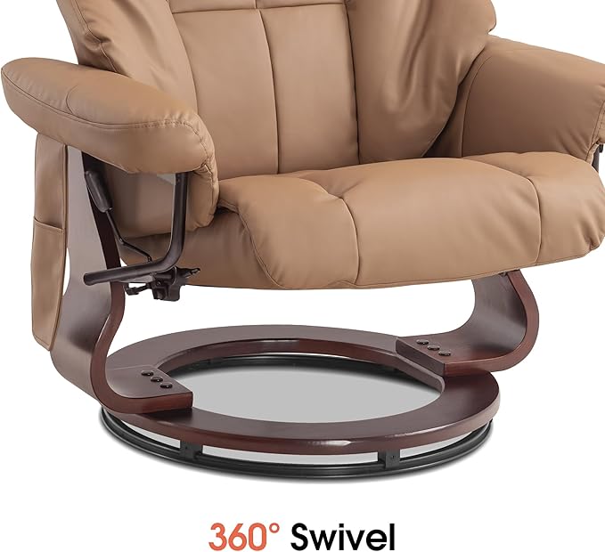 MCombo Manual Swivel Recliner with Ottoman Reclining Chair with Vibration Massage for Small Spaces Living Room Office Faux Leather 9068 (Cognac)