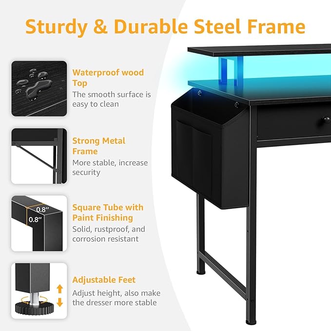 DLisiting Black Gaming Desk with Shelves and Drawers - 39 Inch Small Gaming Desk with Storage Shelves for Boys Teens Bedroom Black Computer Desks with Drawers Monitor Stand Power Outlet