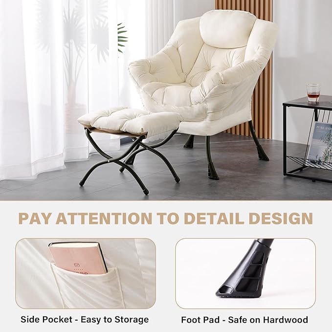 Tiita Lazy Chair with Ottoman Beige Modern Large Accent Chair Comfy Leisure Sofa Armchair with Ottoman Reading Chair with Footrest for Bedroom Living Room Dorm Rooms Velvet Beige