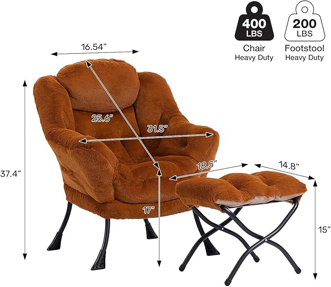 HollyHOME Lazy Chair with Foldable Ottoman Accent Comfy Lounge Armchair and Folding Footrest Stool Leisure Sofa Reading Chair and Footstool for Living Room BedroomFaux Fur Brown