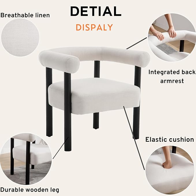 Wahson Modern Accent Chair with Black Wooden Legs Linen Upholstered Barrel Chair with Curved Backrest Small Reading Chair for Living Room/Bedroom/Office Beige
