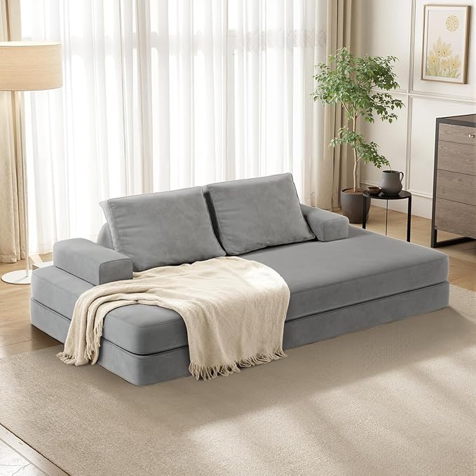 87 Folding Sofa Bed King Size Convertible Sleeper Sofa with Movable Backrest Foldable Futon Floor Couch Bed Chenille Boneless Couches for Living Room(Grey)