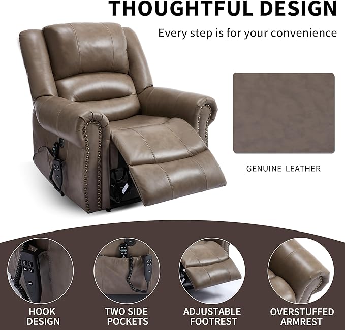Genuine Leather Power Lift Recliner Chair Lazy Boy Recliner Chair with Charging Ports for Living Room Theater Seating Electric Single Sofa with Round Armrest Camel Brown