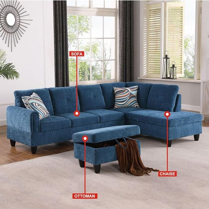 Blue L-Shaped 3-Piece Flannel Sofa with Storage Ottoman Set Sectional Couch Sofa Set for Living Room Office Small Space