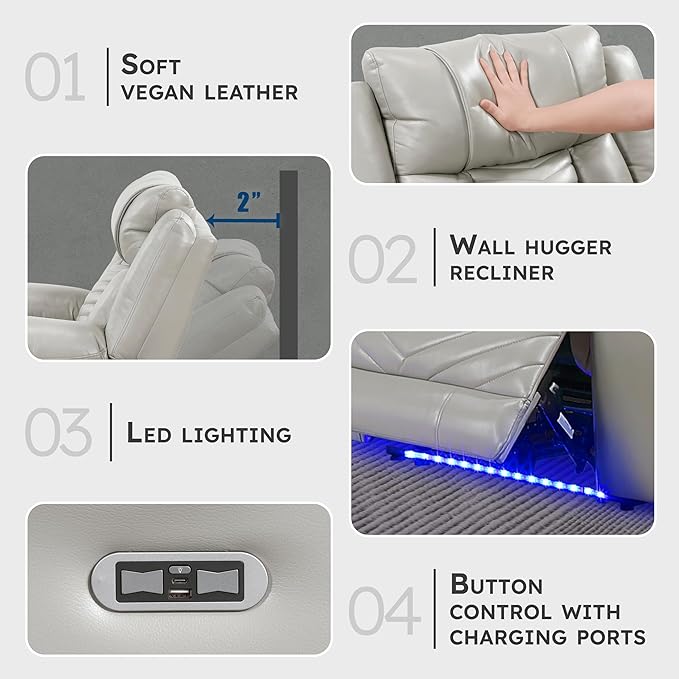 Lexicon Power Recliner Chair Faux Leather Upholstered Home Theater Seating with LED Lighting USB Charging Ports Single Wall Hugger Reclining Chair for Living Room/Bedroom Easy Assembly Gray