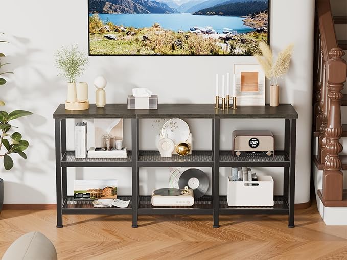 Furologee TV Stand 43 Inch Entertainment Center with 3-Tier Storage Shelves Industrial Media Console Table for TVs up to 50 Inch Television Stands for Living Room Bedroom Light Black Oak