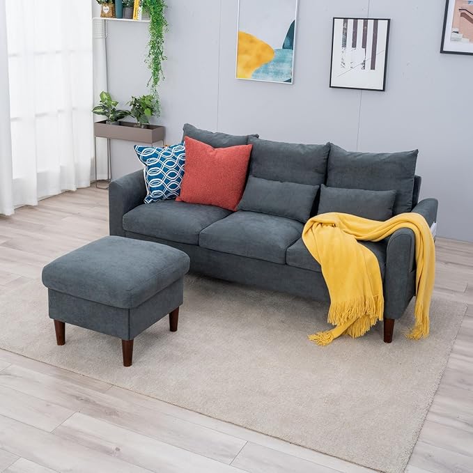 Panana Convertible Sectional Sofa CouchL-Shaped 2 or 3-Seat Sofa Sectional with Reversible Ottoman for Small Living Room Apartment (Gray Linen Fabric 3 Seater with Ottoman - Curved arms)
