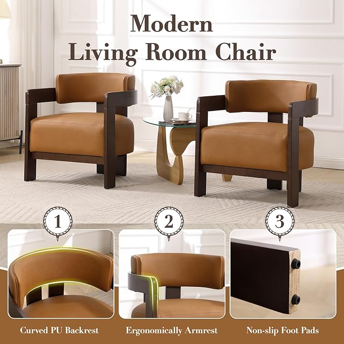 EALSON Barrel Accent Chair Modern Comfy Living Room Chair with Wooden Legs Mid Century Leather Upholstered Lounge Reading Armchair for Bedroom/Indoor Reading Nook/Corner/Office Brown