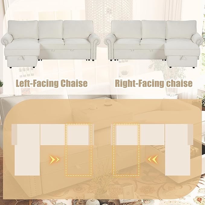 95 Convertible Sectional Sleeper Sofa with Storage Chaise Pull-Down Backrest with 2 Cup Holders Arc Armrests with Nailhead Trim Warp Knitting Polyester Fabric Acacia Wood Frame (Beige-09)