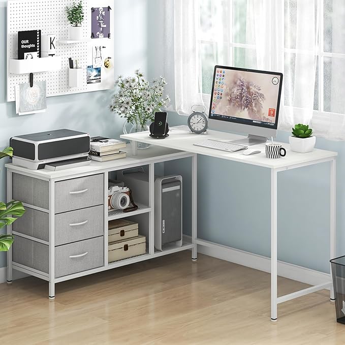Tangkula 81 Inch L-Shaped Desk with Power Outlet Convertible Corner Desk with Drawers &amp Shelves Office Desk for Working Studying Gaming (White)