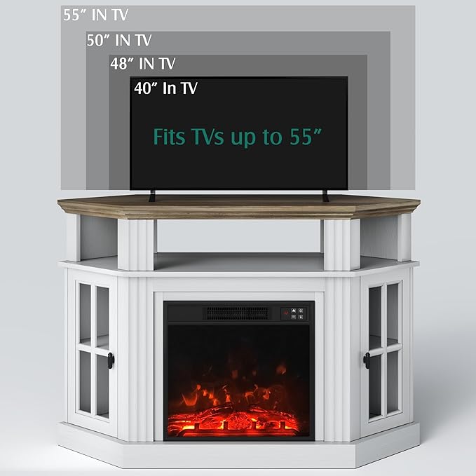 YESHOMY Corner Fireplace TV Stand for Television up to 55 with Storage Cabinets Entertainment Center Media Console for Living Room Bedroom White＆Rustic