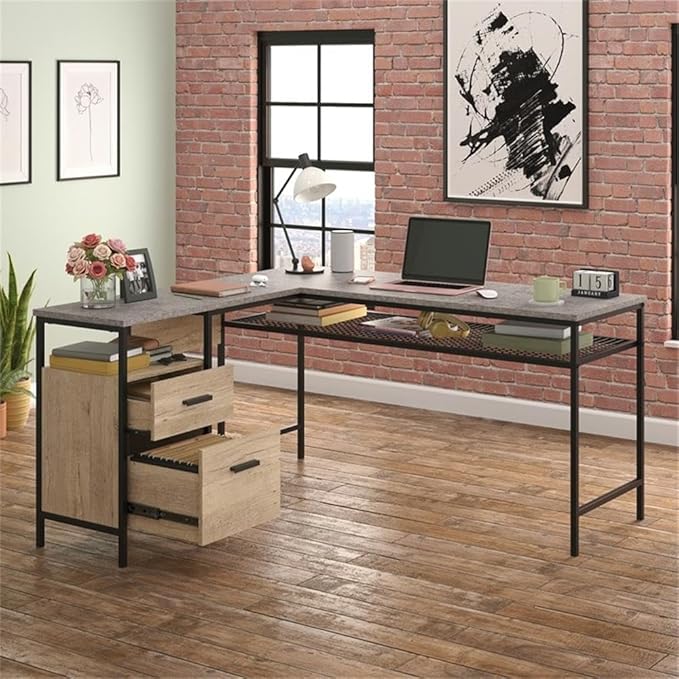 Pemberly Row L-Shaped Engineered Wood and Metal Desk Prime Oak Finish 55.91 in x 57.64 in x 30.59 in Storage Drawers Open Shelves Wire Mesh Shelf Home Office Computer Desk