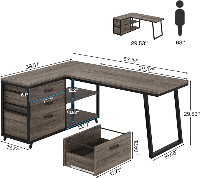 Tribesigns L-Shaped Desk with 3 Drawers Reversible Corner Home Office Computer Desk with Shelves 53-Inch Industrial PC Desk Study Writing Table Workstation for Small Space Grey