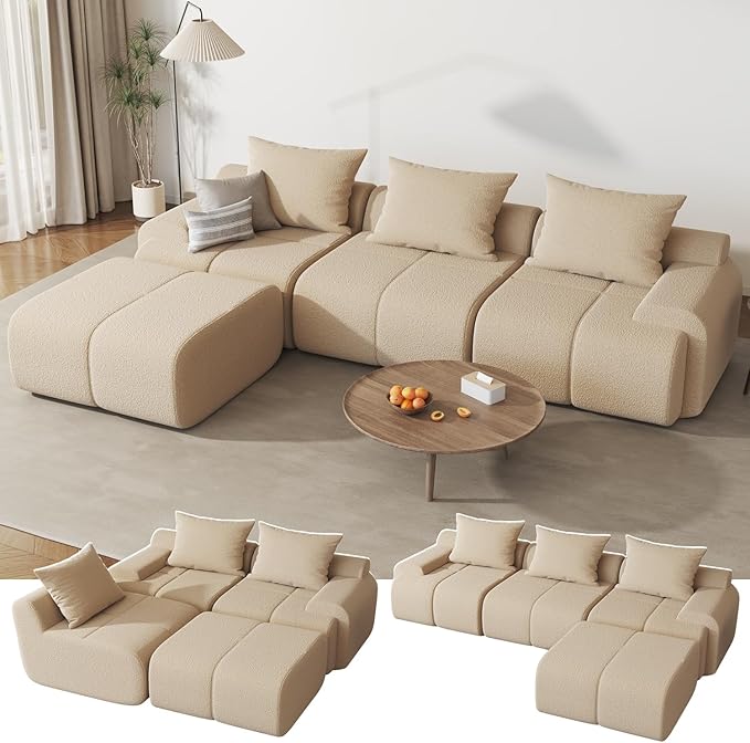 114 Cloud-Loaf Modular Sectional Sofa with Ottoman Modern Boucle Cloud Couch for Living Room 67 Deep Seat L-Shaped Sofa Set Boneless Comfy Memory Foam Couches No Assembly Beige | Modular Design