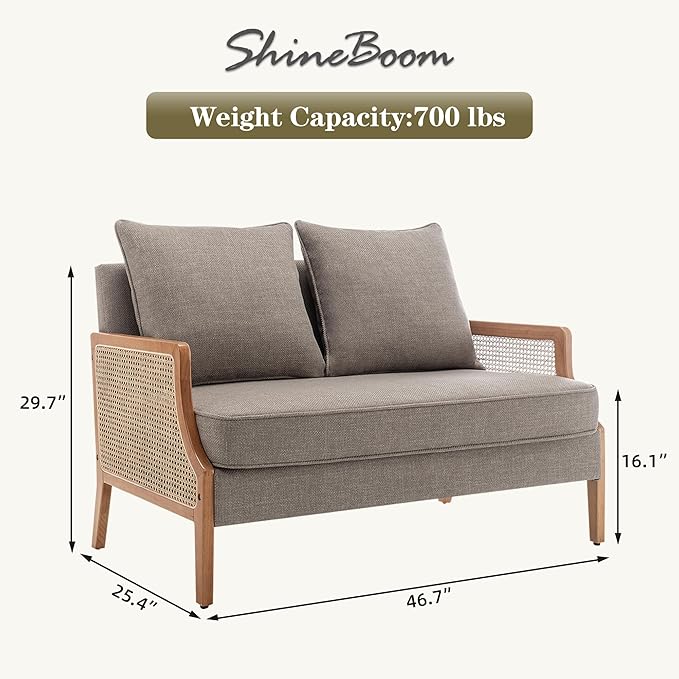 Loveseat Sofa Couches with Rattan Arms and Pillows for Living Dining Room Bedroom Office Entryway Small Spaces Taupe