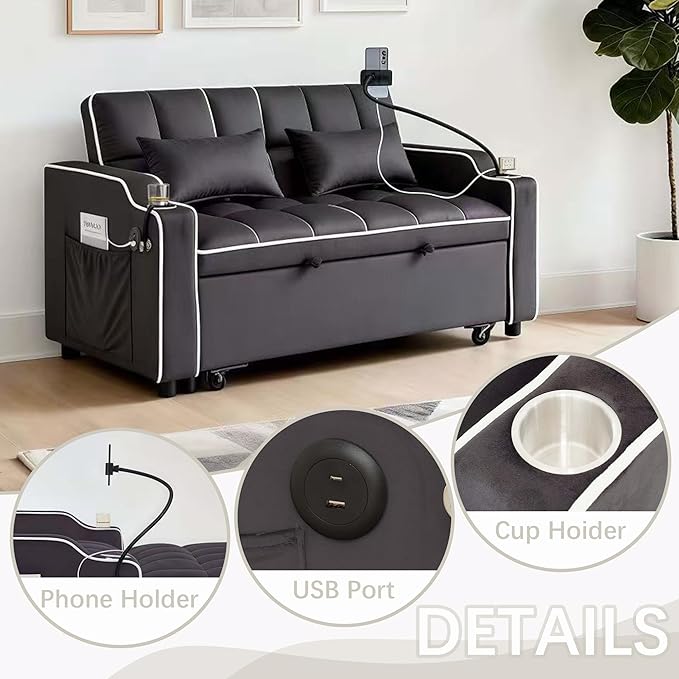 Loveseat Sofa Bed with USB Ports Phone Holder &amp Cup Holders | Convertible Futon Couch for Small Spaces Pull-Out Sleeper Sofa for Living Room &amp Apartments (Grey Double Seat)